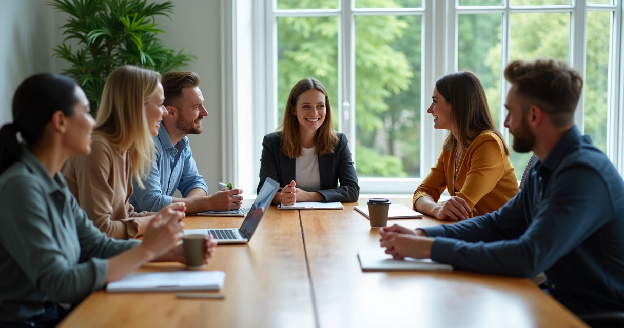 Colleagues in a meeting noticing each other’s body language and sharing ideas openly. 