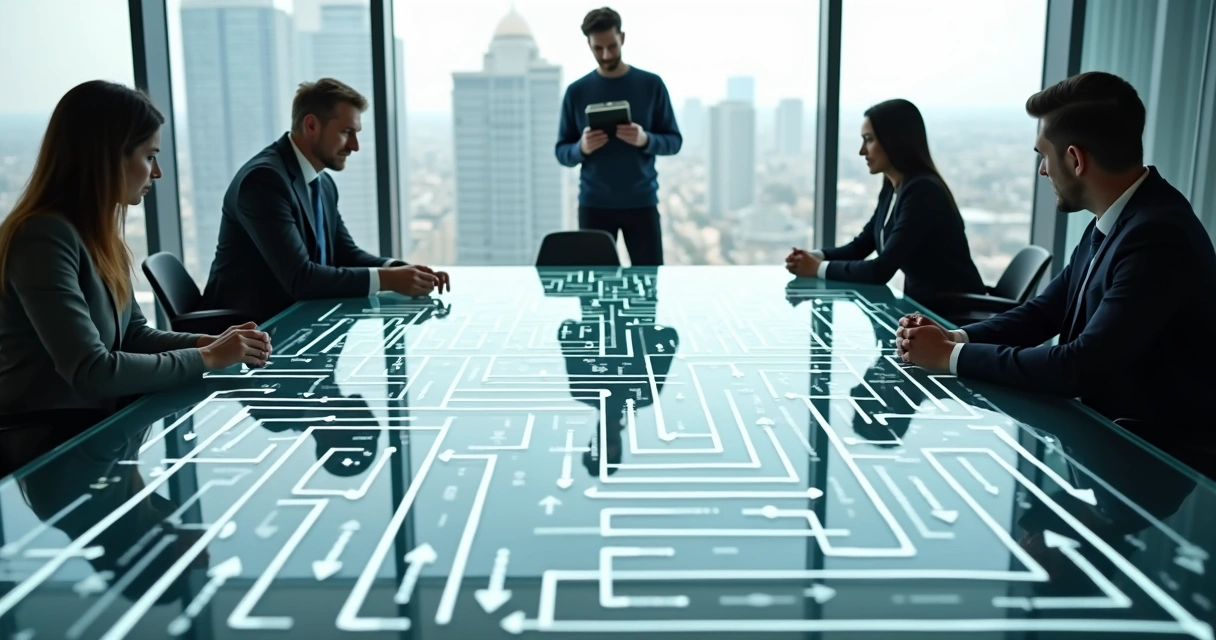 Team in glass meeting room overlooking city table shaped like maze of arrows 