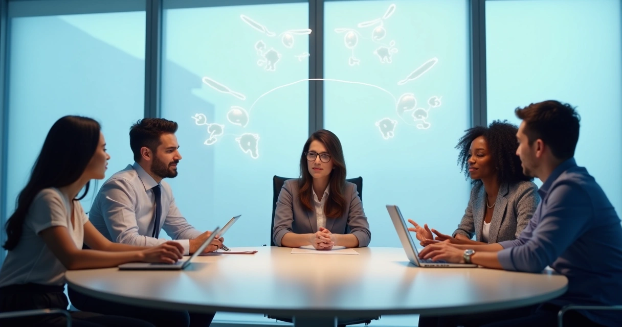 Colleagues in professional clothes sitting at a round table, discussing as a team, with visual icons representing birth order roles over their heads 