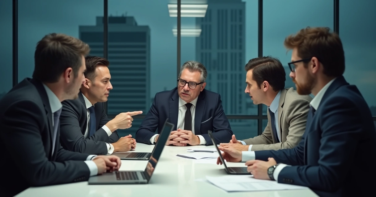 Group of office workers at a meeting table, some looking anxious while one person seems to be blamed 