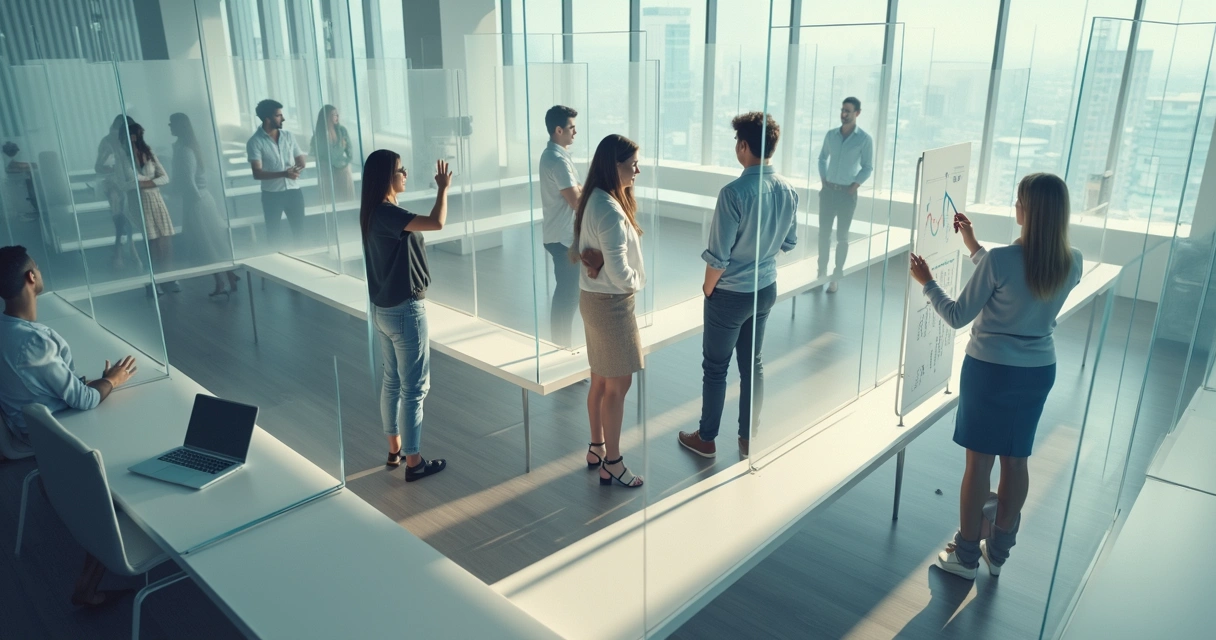 Overhead view of office maze with six opaque walls blocking a team’s progress 
