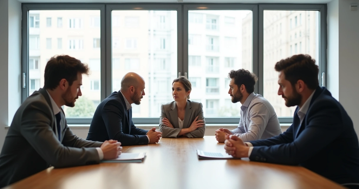Team sitting in a meeting with similar body language and expressions. 