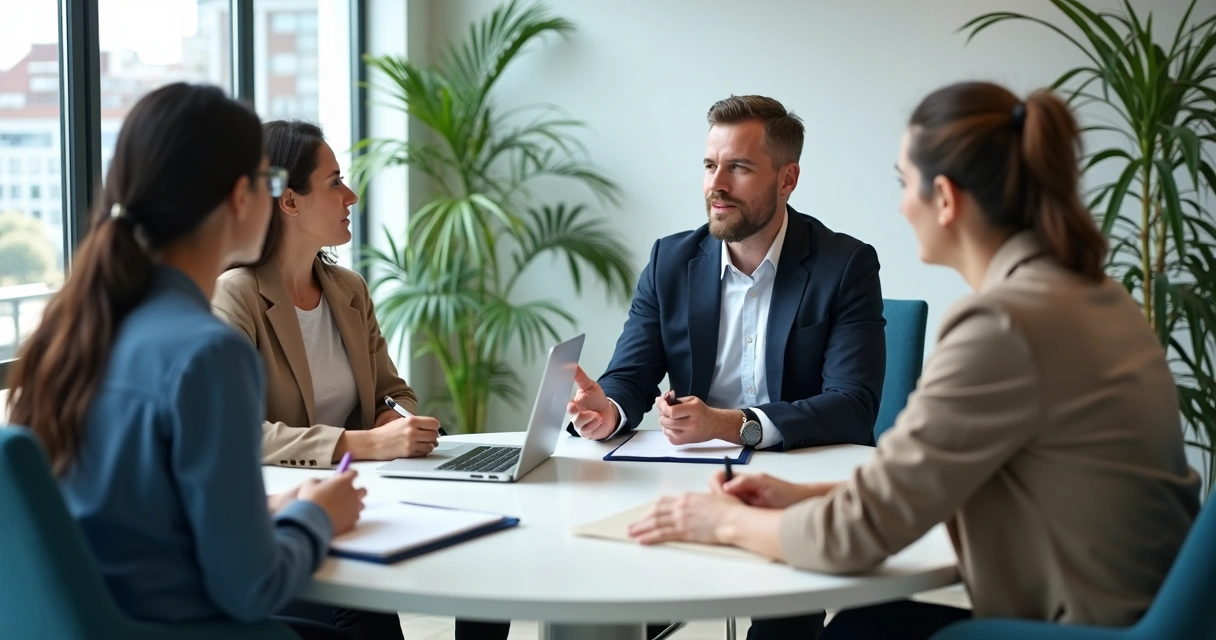 Leader speaking with team members in a calm office meeting 