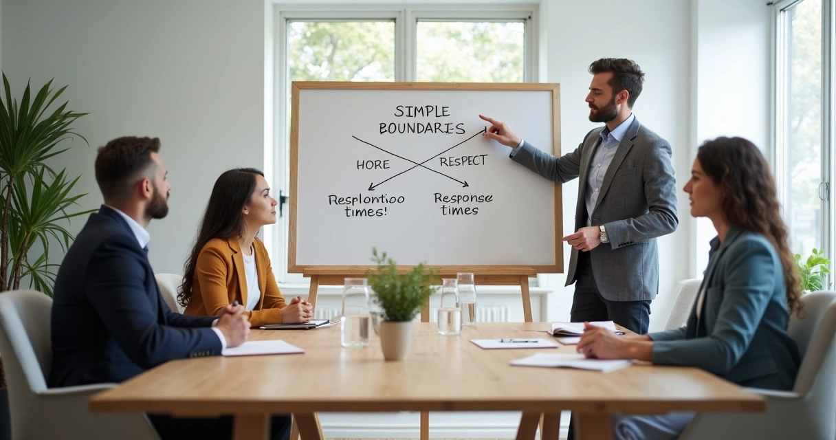Small team discussing boundaries in a calm meeting room 