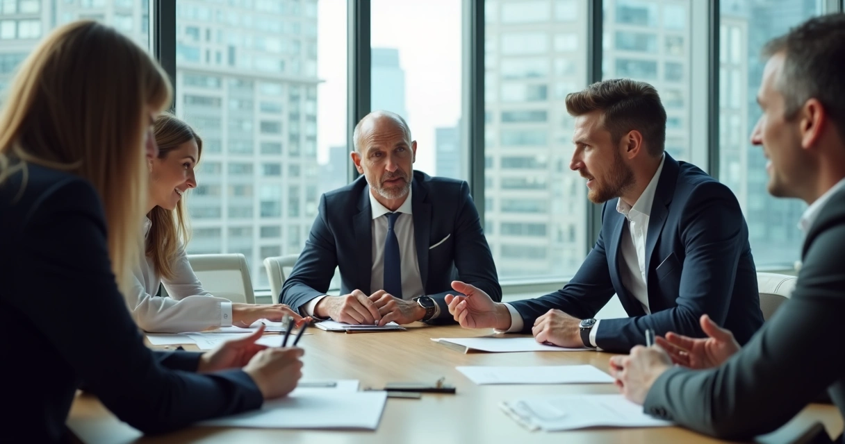 Business team in brainstorming session, leader listening to suggestions 