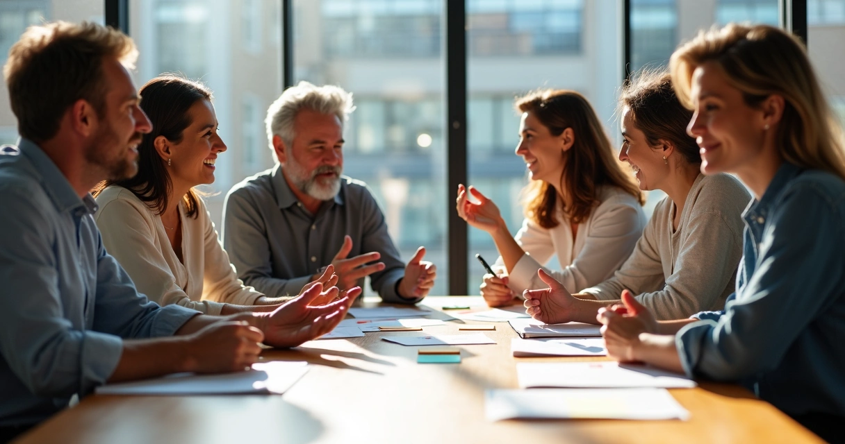 Team gathered around table, focusing intently on shared ideas