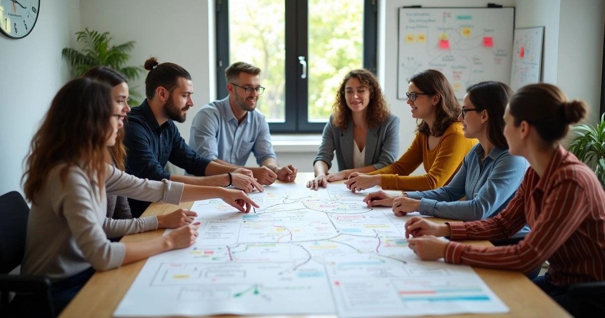 Team seated around a table, brainstorming, with a large mind map on paper in the center