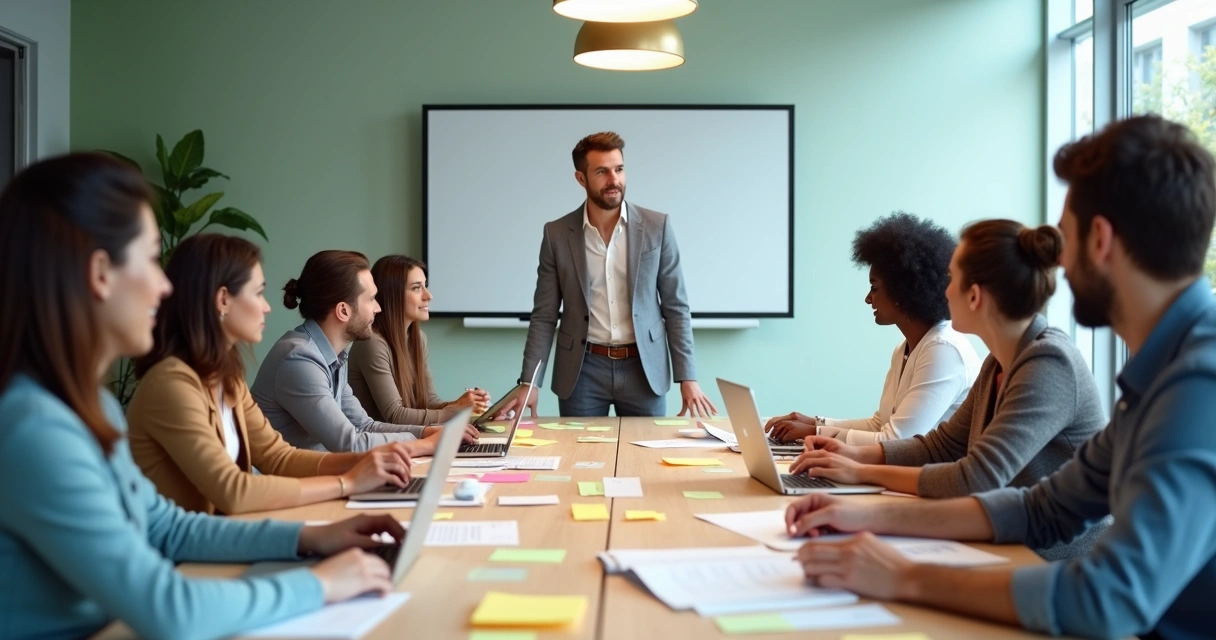 Team brainstorming around a table with papers and laptops, leader encouraging reflection