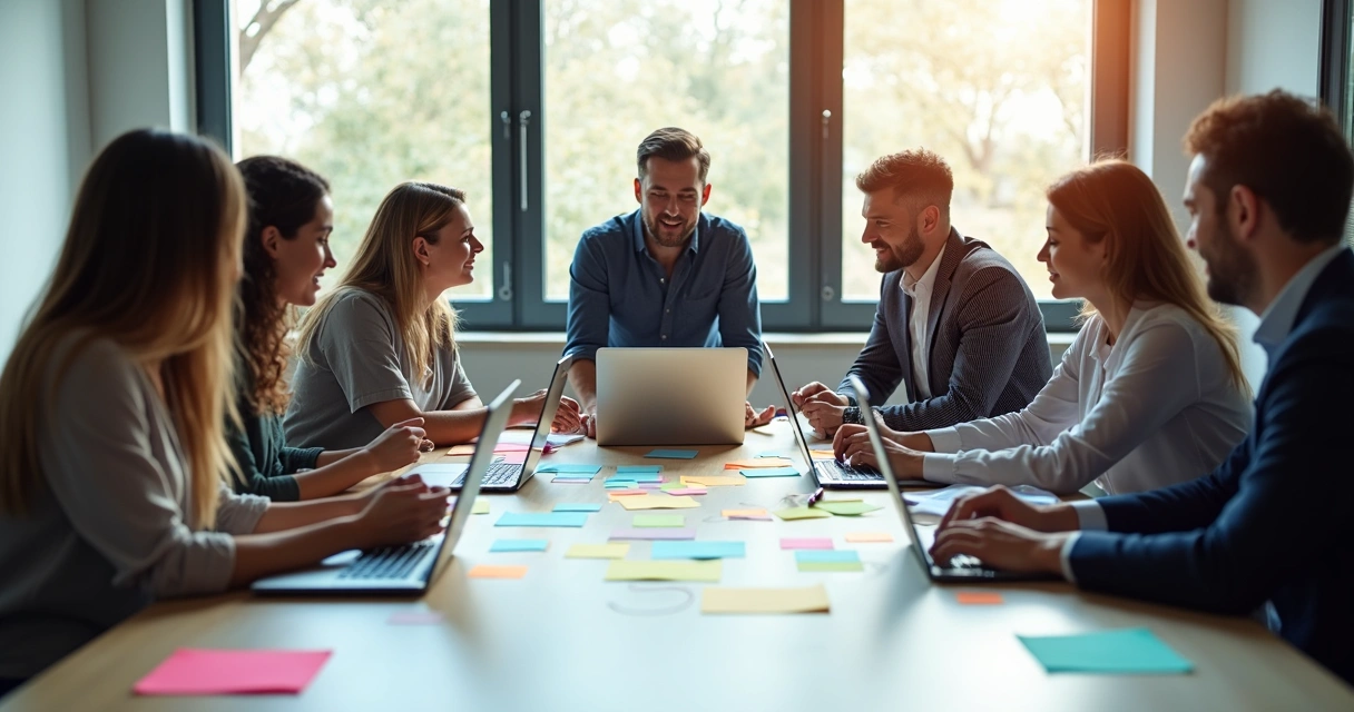 Diverse team brainstorming around a table with sticky notes and laptops 
