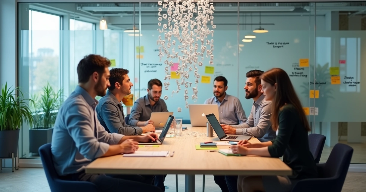 Diverse coworkers in a meeting room breaking symbolic chains of limiting beliefs 