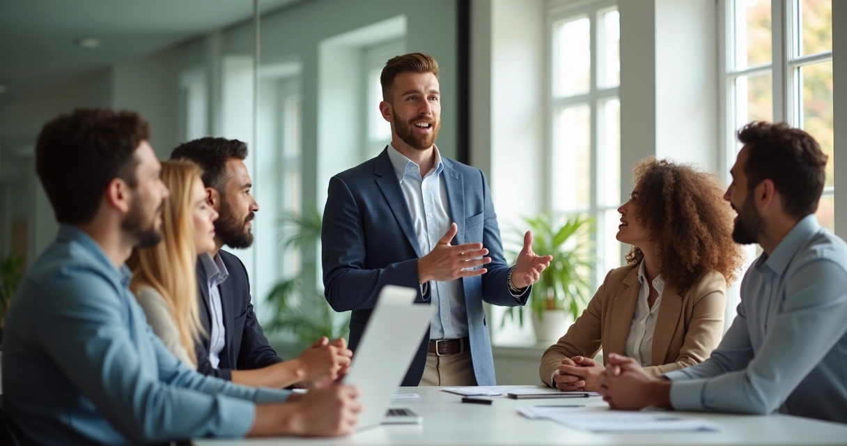 Team gathered around a table, one person speaking up while others listen, representing breaking silence in a group. 