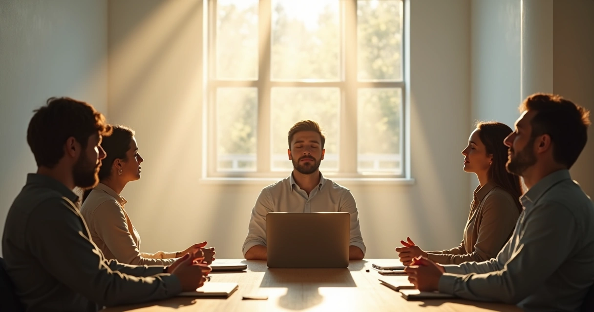 Work team practicing mindful breathing at a meeting table 