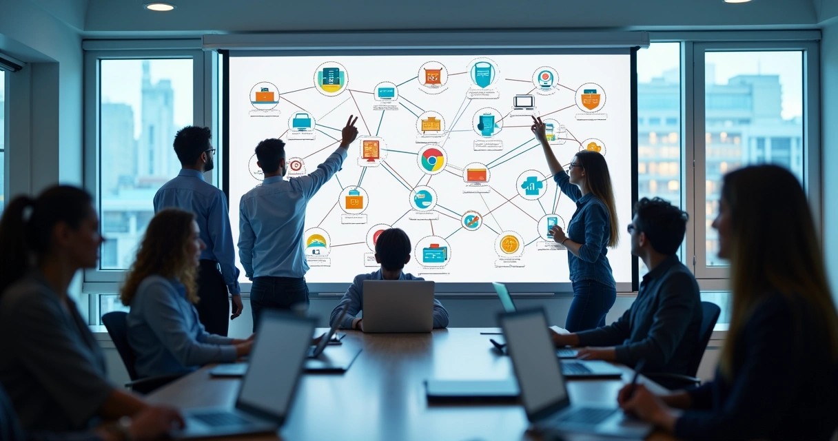 Equipe de desenvolvimento ajustando integrações entre sistemas em uma lousa digital