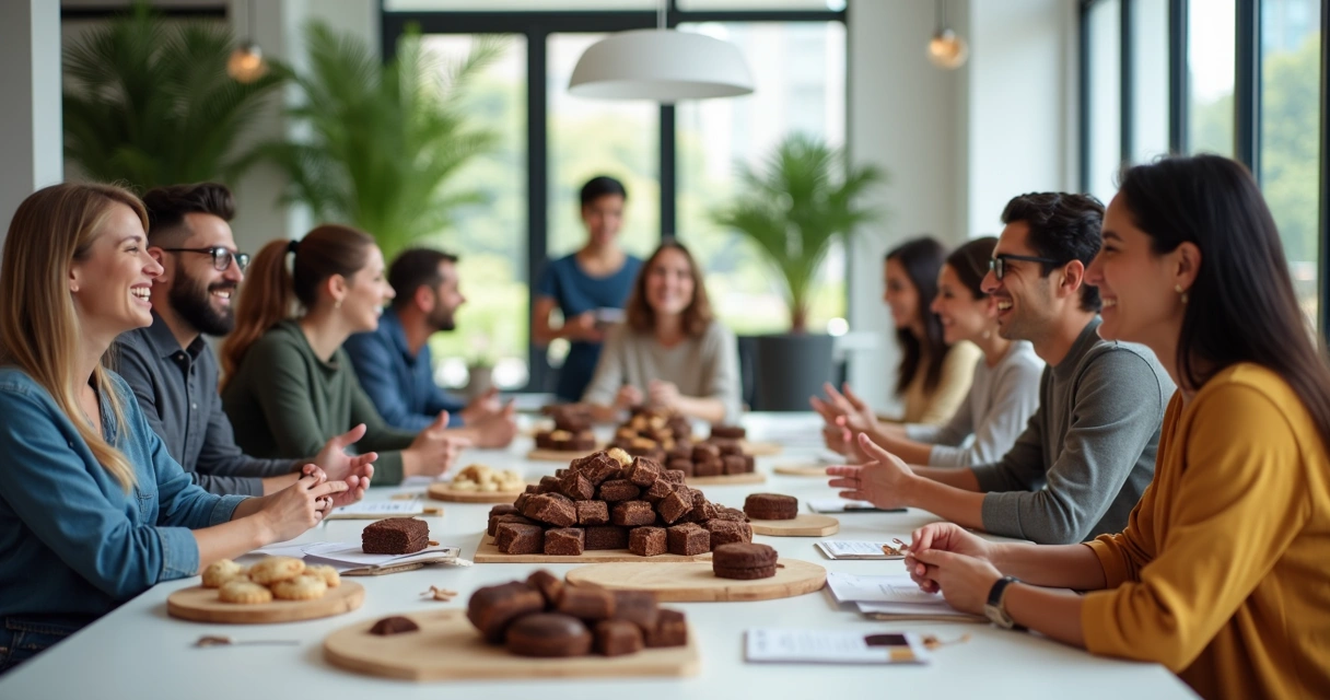 Equipe corporativa reunida em ambiente moderno, com mesa ao centro contendo kits personalizados de presentes e colaboradores interagindo animados durante atividade de team building 