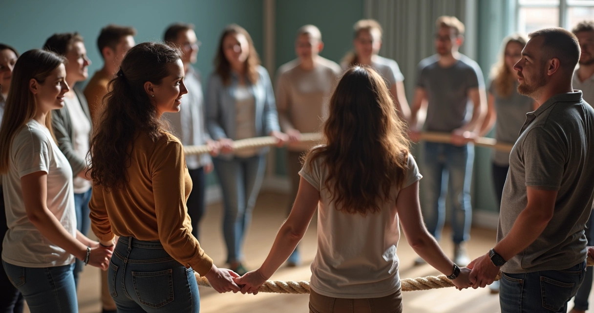 Team building exercise where group holds a rope circle symbolizing connection and boundaries. 