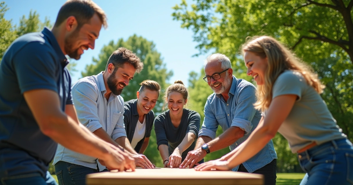 Colleagues participating in a collaborative team-building activity outdoors 