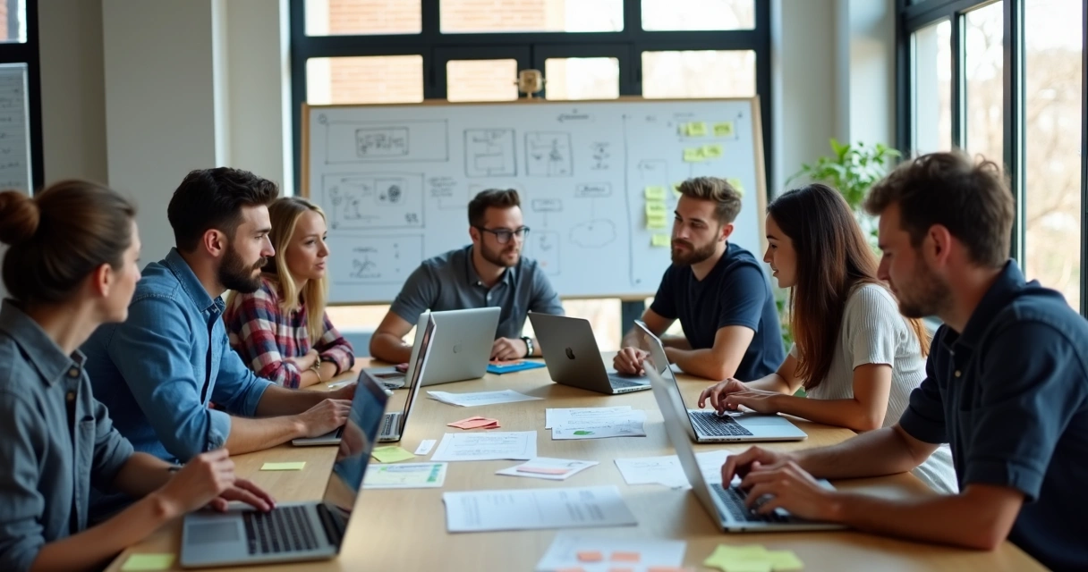 Software team working on laptops designing MVP 