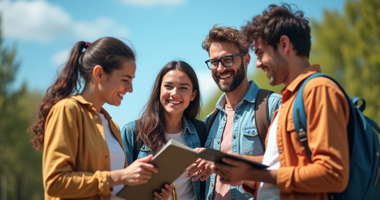 Small team smiling together on an outdoor team-building activity
