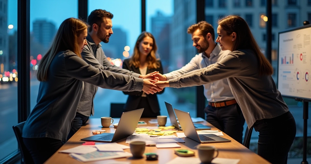 Diverse team in a high-pressure office sharing a calm trust-building moment 