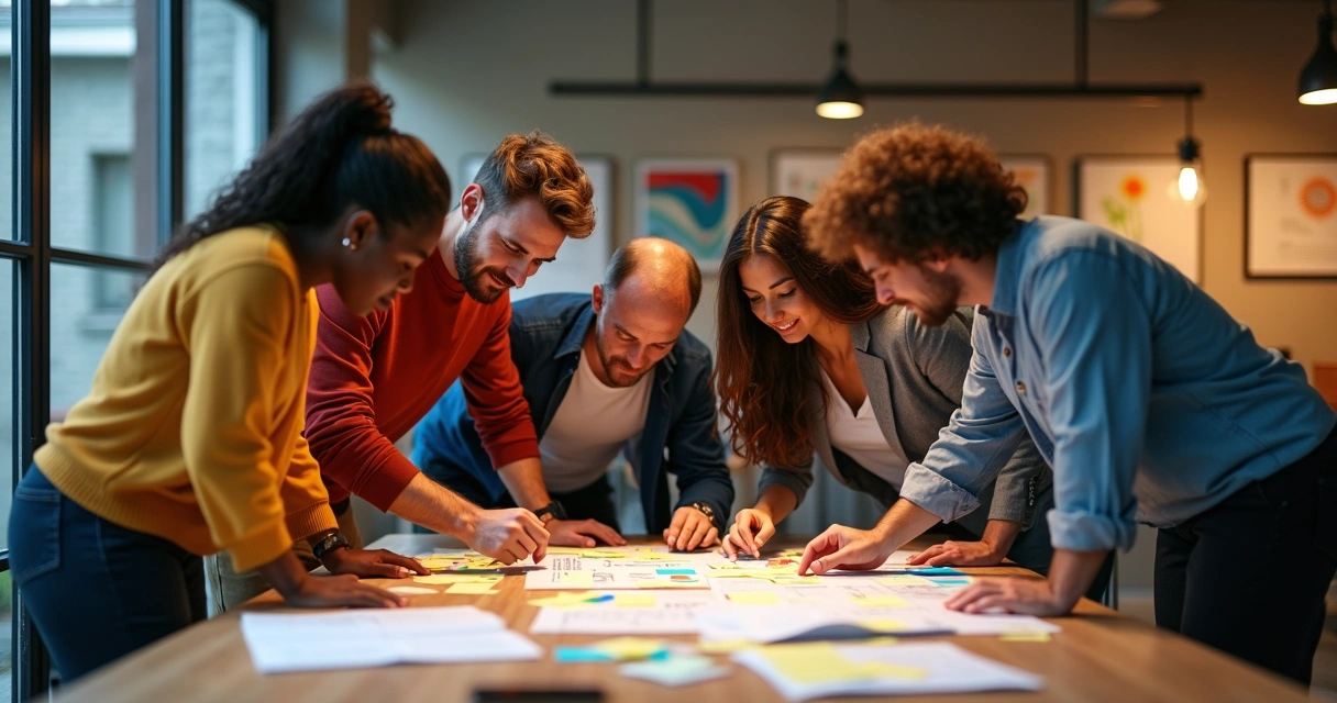 Colleagues collaborating on project with sticky notes. 