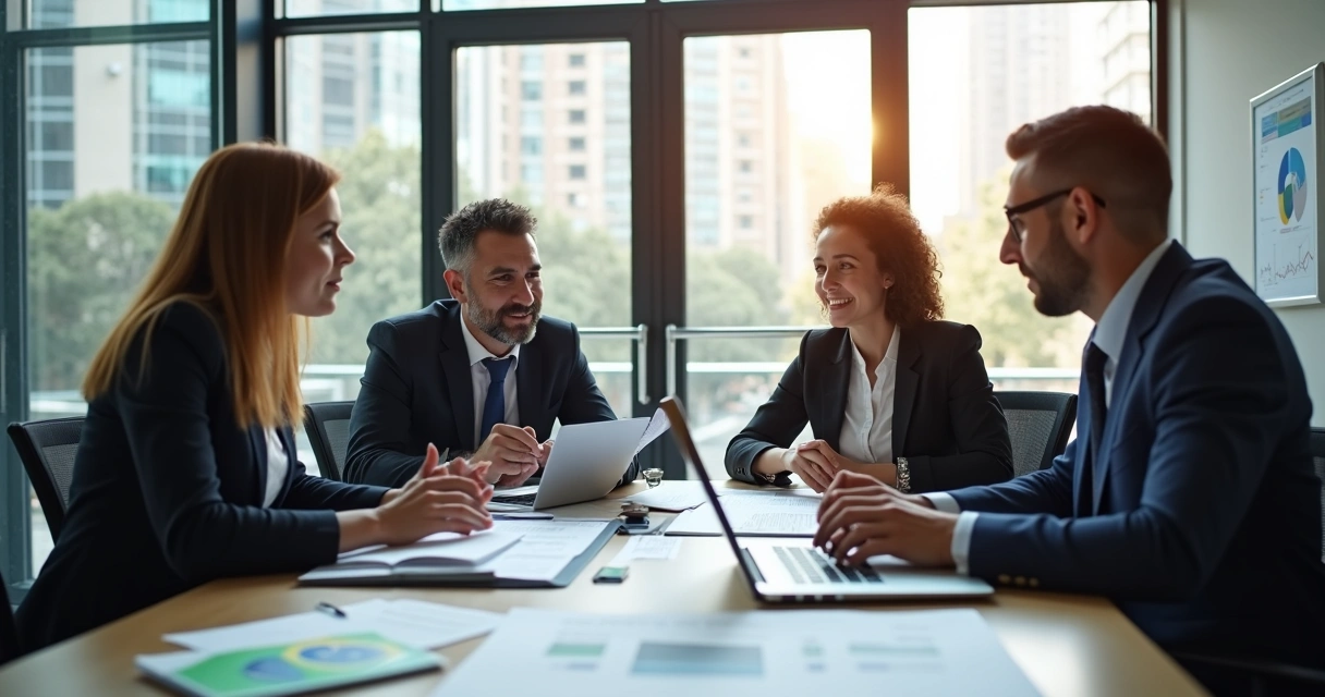 Small team reviewing documents and business plans in a bright office 