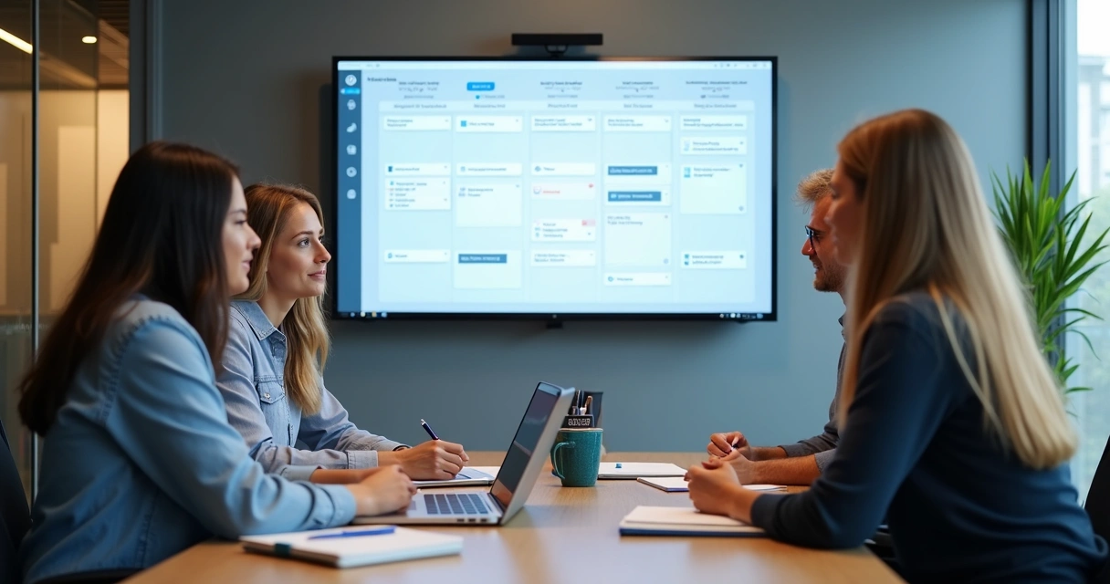 Team reviewing calendar blocks and meeting notes in an office 