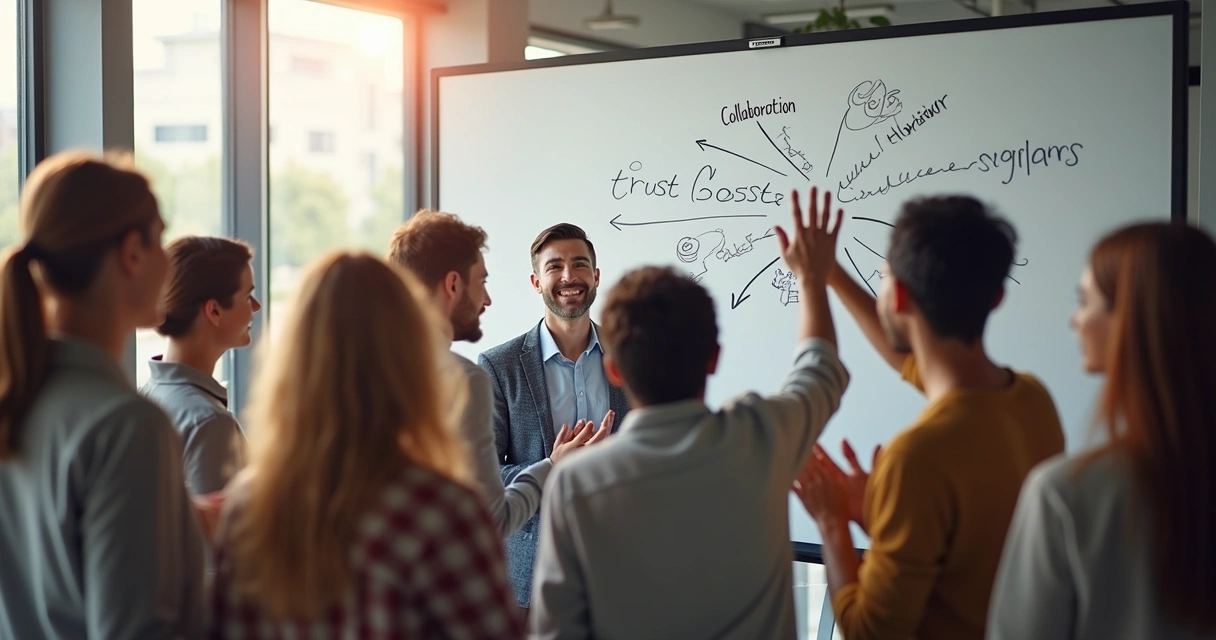 Team of diverse adults standing together and celebrating in an office, showing group unity 