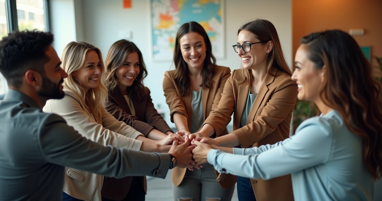 Group of coworkers smiling and supporting each other with hands joined 