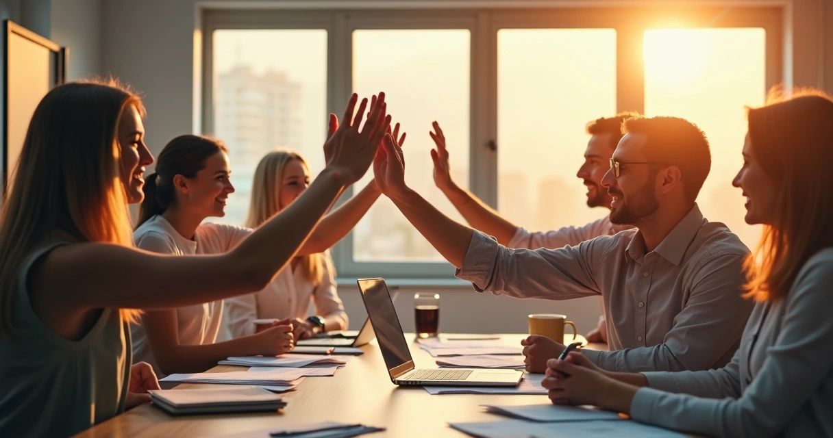 Team celebrating together after overcoming a challenge