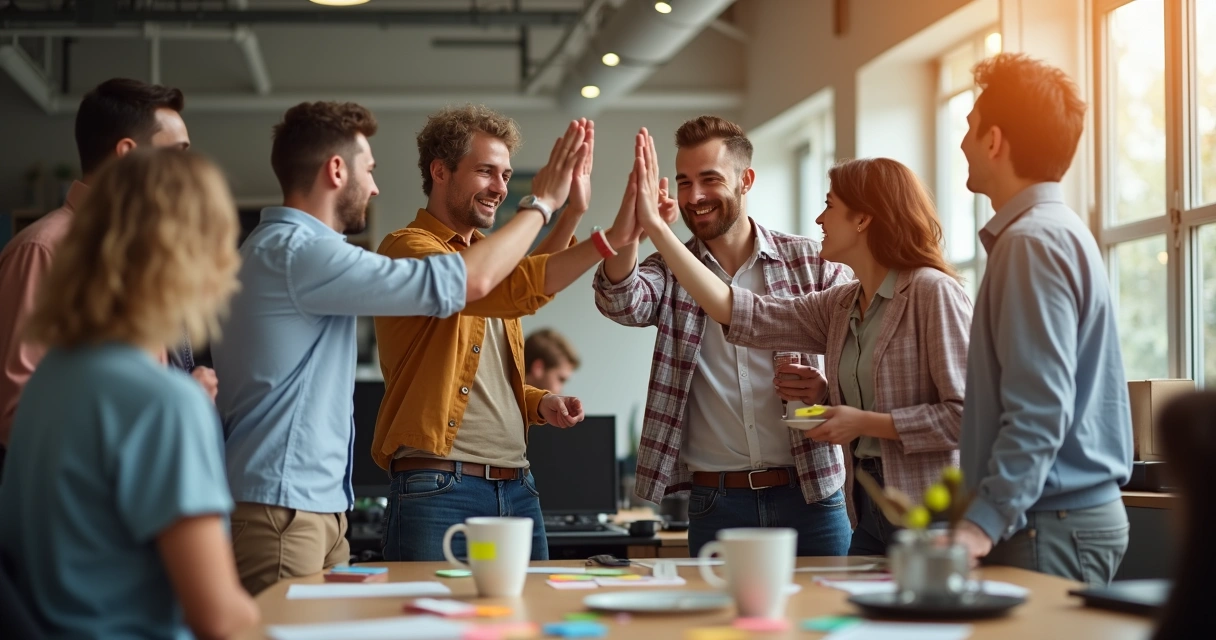 Coworkers of different ages congratulating each other in workplace with high-fives 