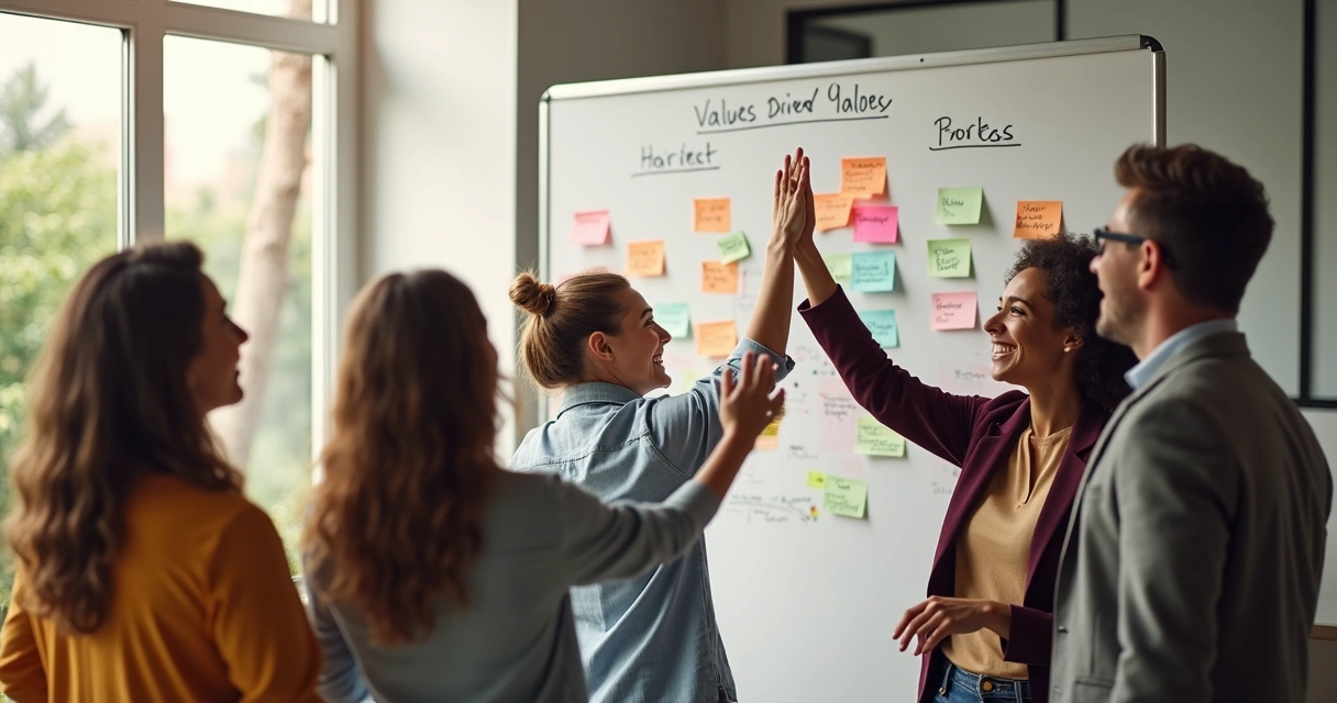 Colleagues celebrating a successful project in modern office