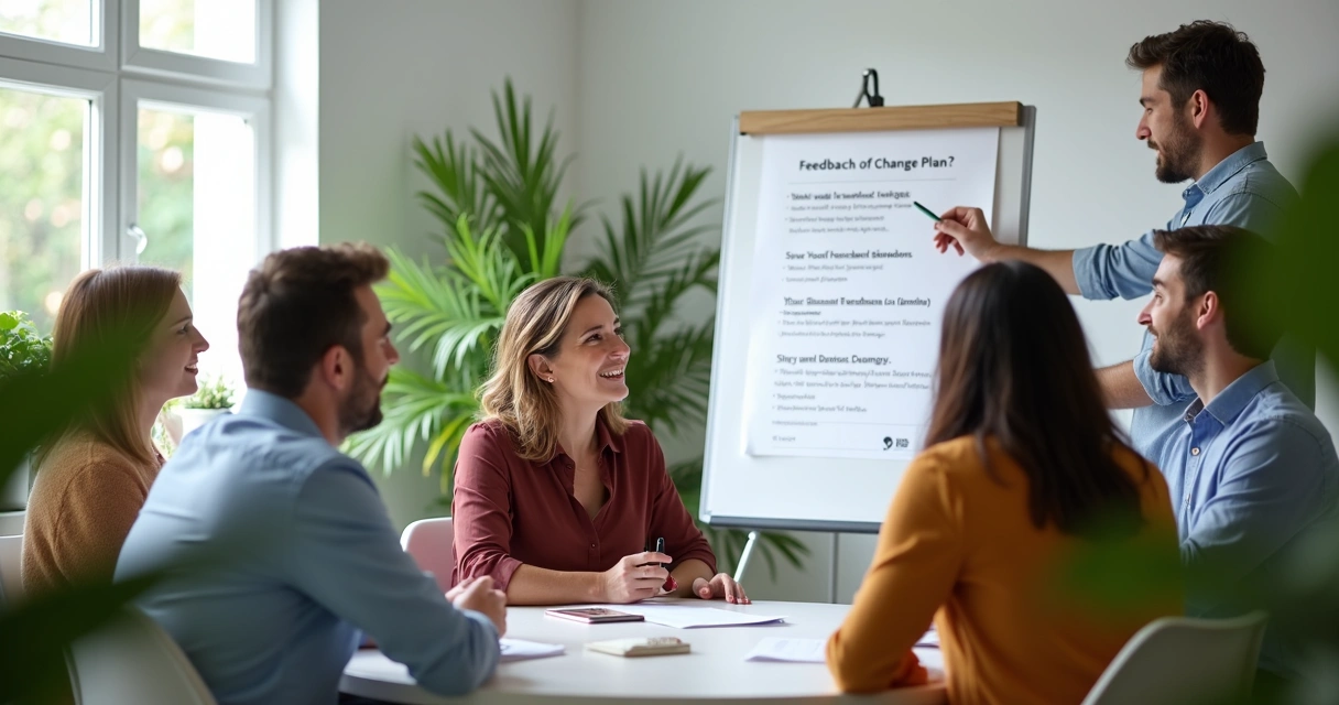 Team of coworkers discussing feedback on a change initiative in a bright office