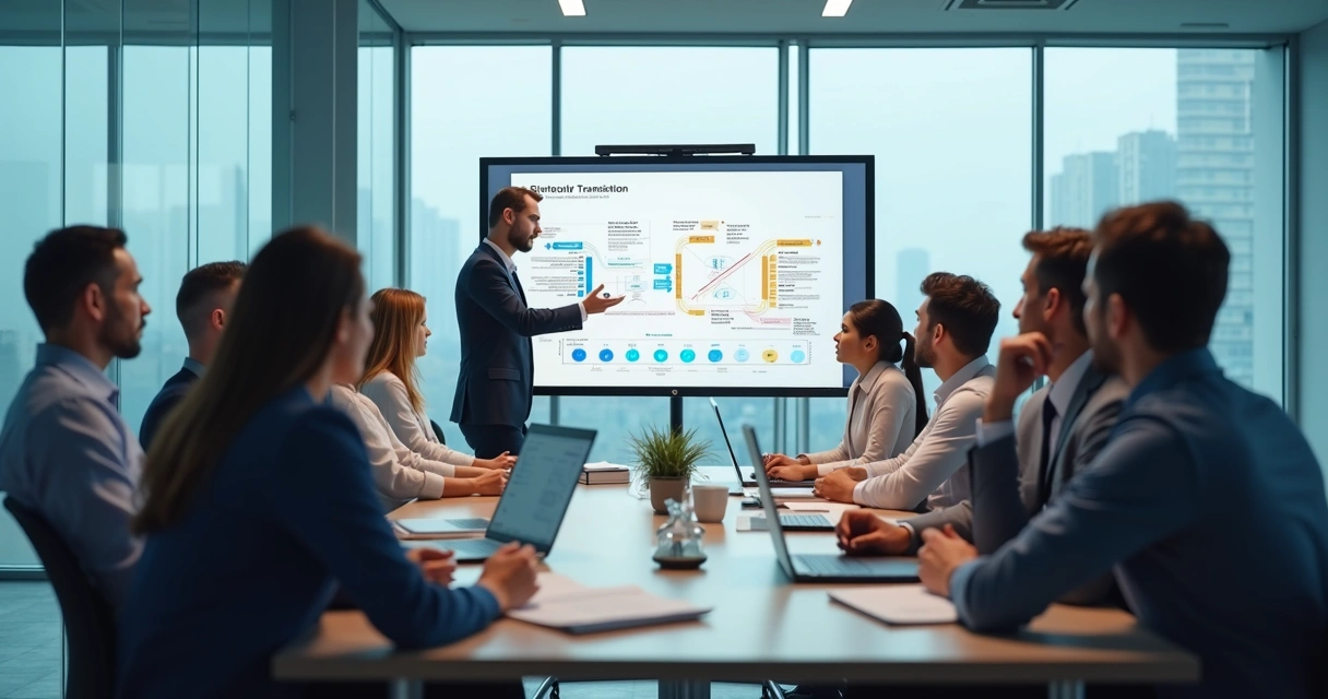 Team in a workplace meeting during organizational change 