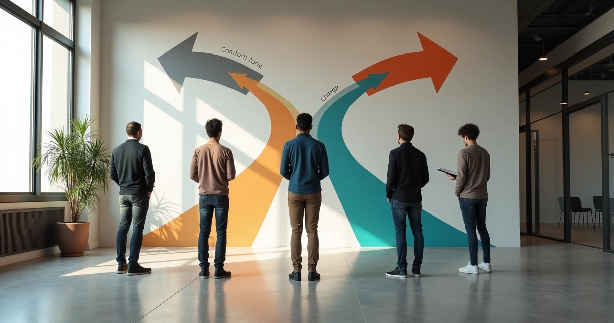 Work team standing at a crossroads mural with arrows pointing opposite ways 