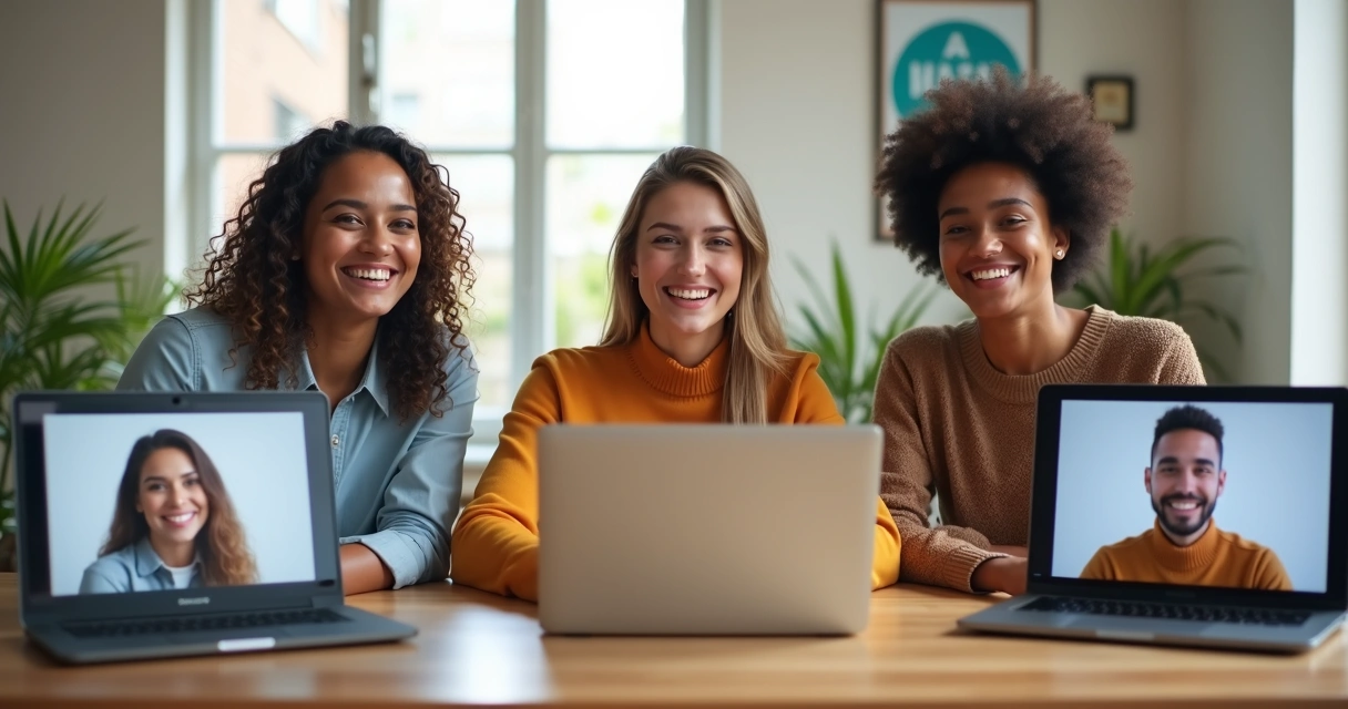 Team members at laptops smiling during a virtual meeting 