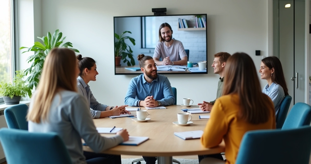 Hybrid team in a circle during a mindful check-in