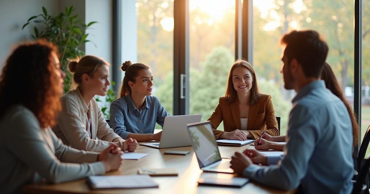 Team seated in a meeting circle during a calm check-in 