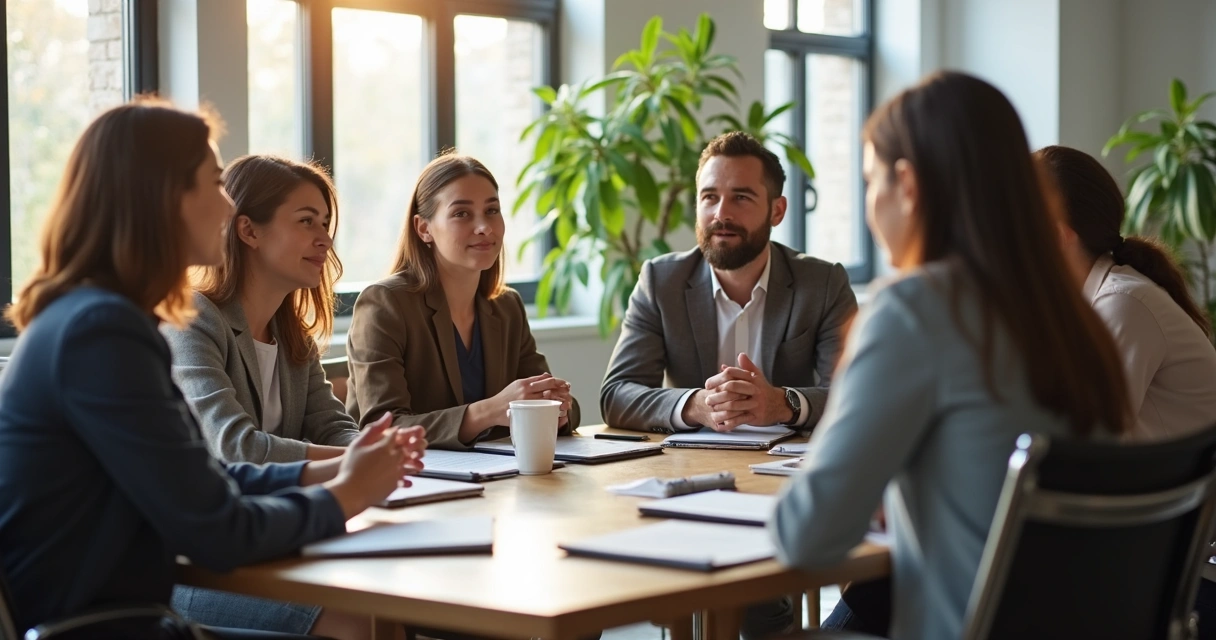 Team gathered in a meeting room during a weekly check-in 