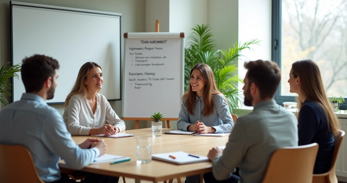 Small team in a calm meeting room during an emotional check-in 