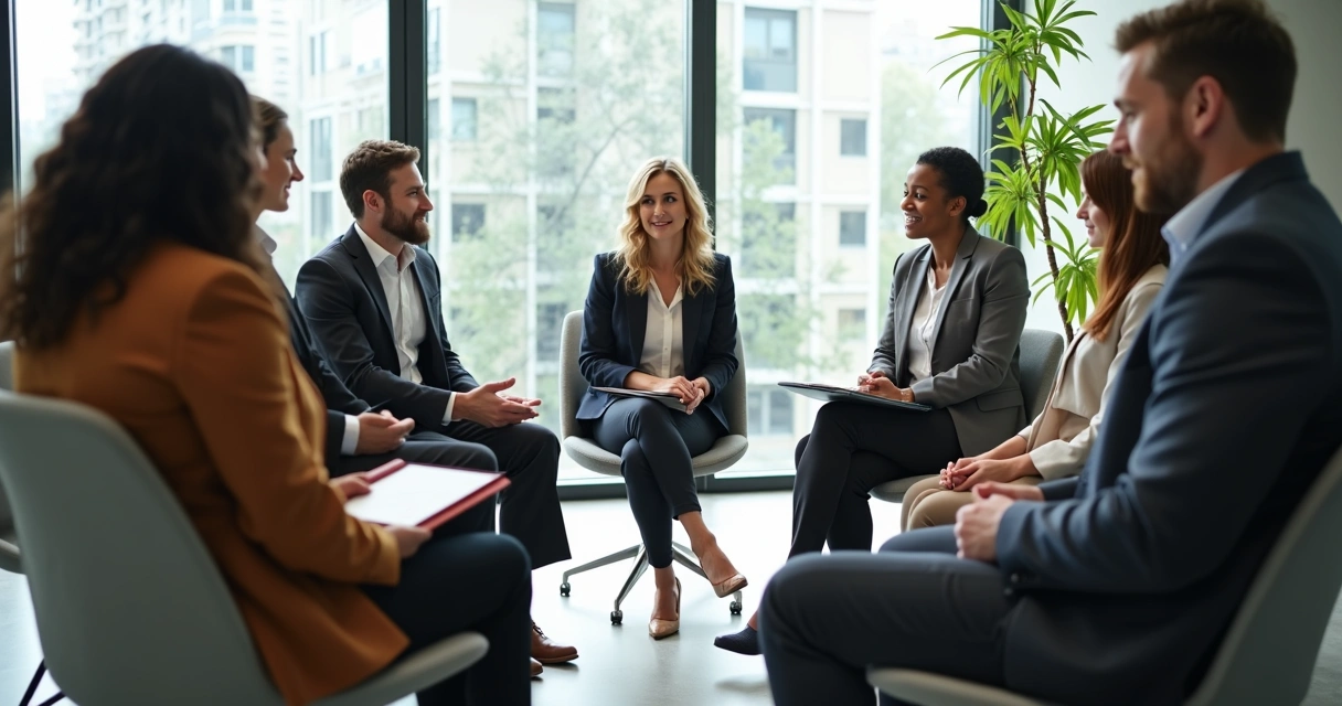Team in a circle having an open leadership conversation