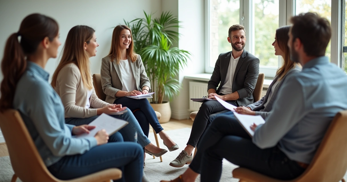 Team in a calm circle discussion room