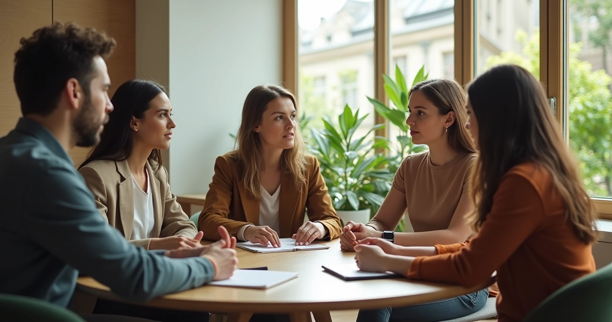 Team in a circle discussion with a leader listening