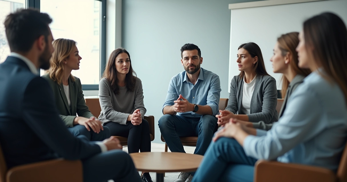 Diverse team in a meeting circle with one person slightly withdrawn and thoughtful 