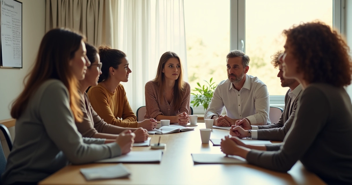 Colleagues sitting in a circle, one speaking while others listen, showing engaged group intentions 