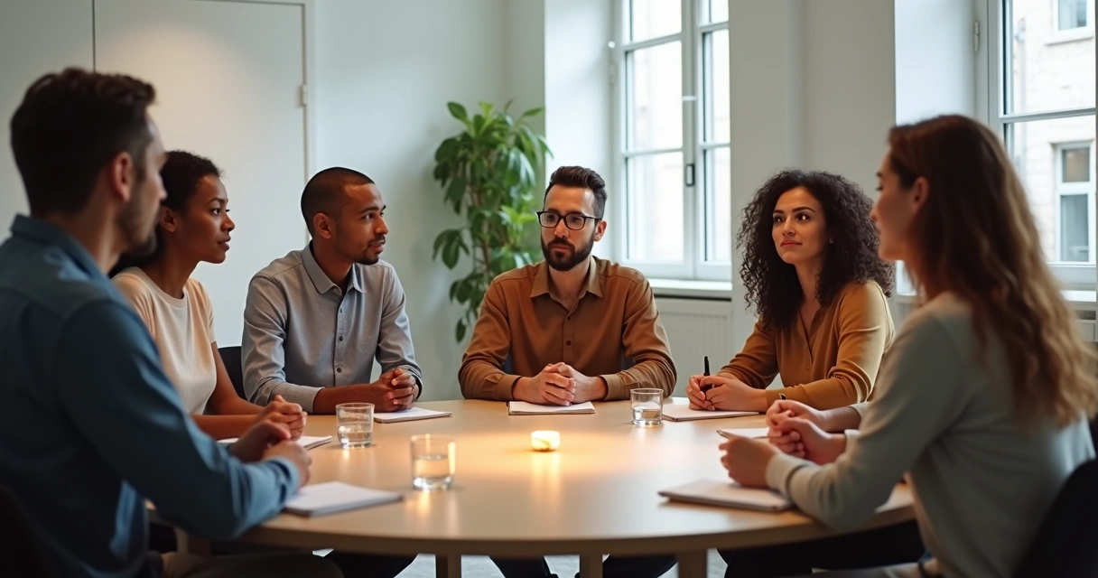 Diverse team in a circle meeting with aligned light connections between their hearts and heads 