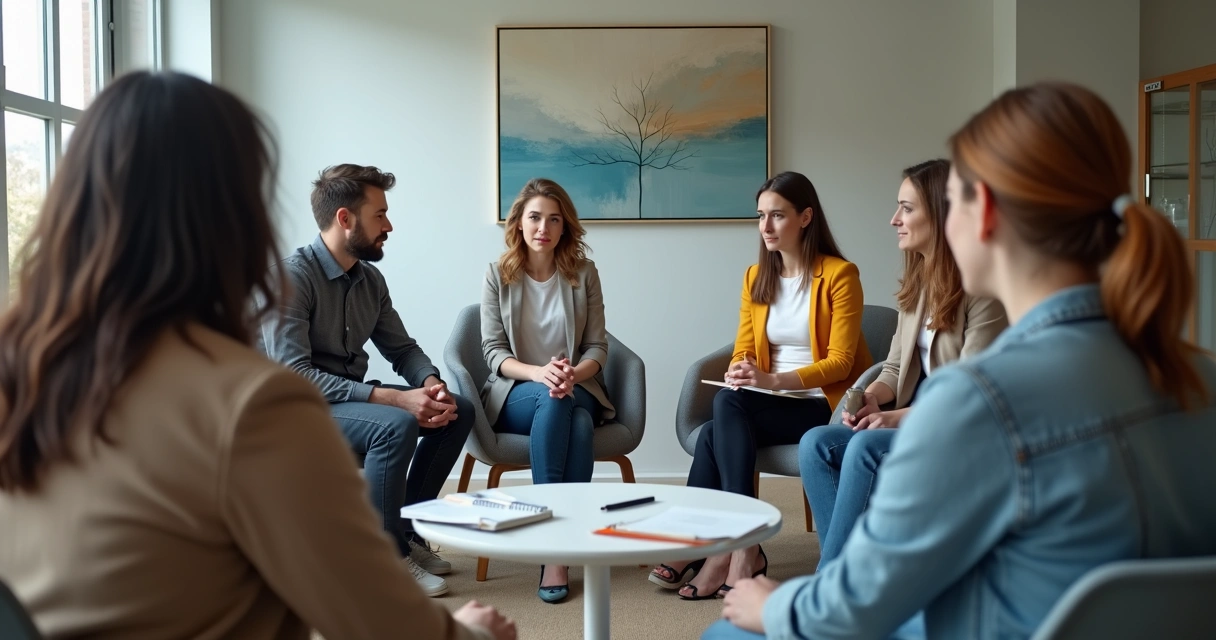 Team in office circle with one person avoiding eye contact 