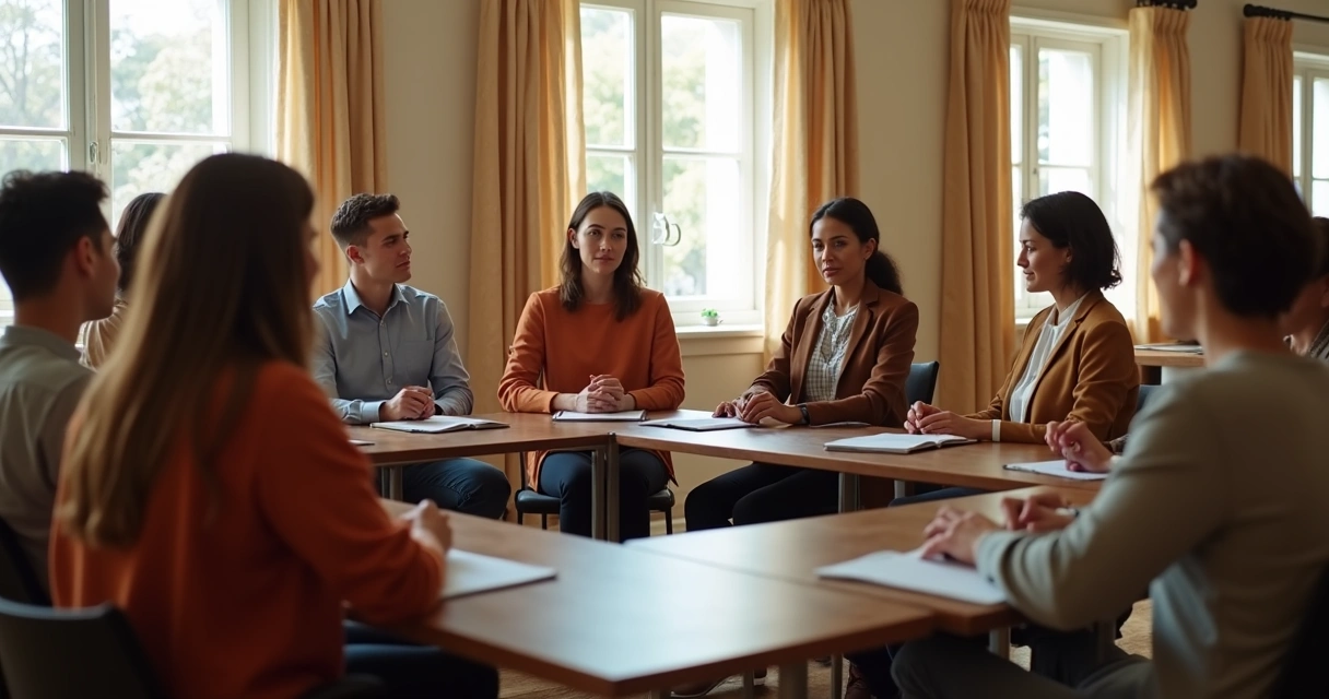 Work team in a circle sharing appreciation during a meeting 
