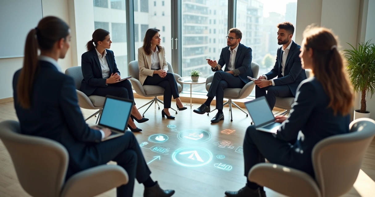 Diverse professionals in a meeting circle connected by subtle overlay of abstract values icons 