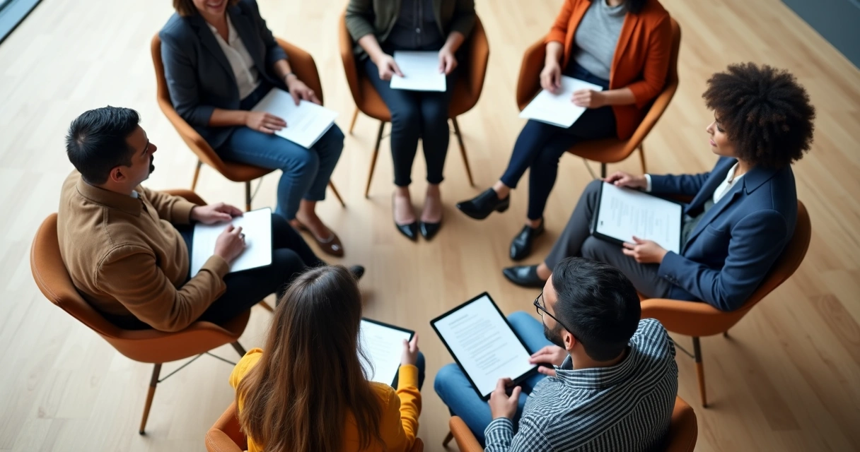 Team sitting in a circle talking, seen from above 