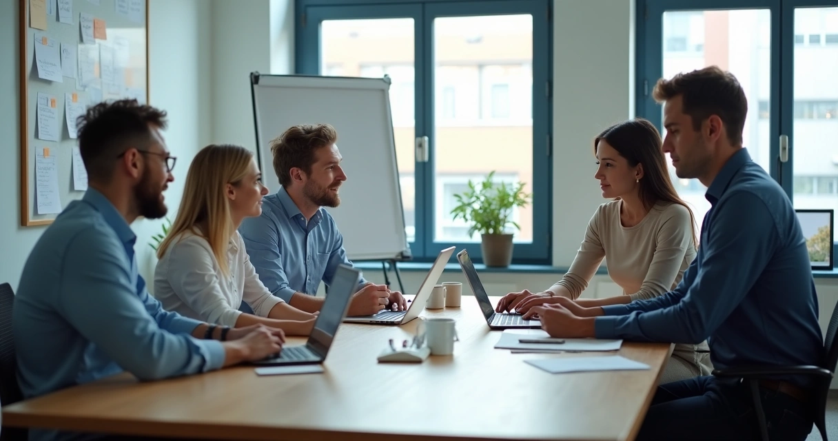 Small team in a focused meeting with notes and calm body language 